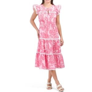 SAIL TO SABLE Flutter Sleeve Floral Midi Dress With Ric Rac Trim XL Pink